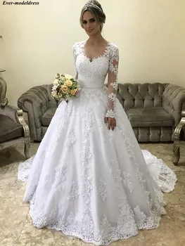

Vestidos De Noiva Wedding Dresses Ball Gowns Long Sleeves O-Neck Appliques Beaded Bridal Gowns 2019 Bride Dresses Robe De Mariee