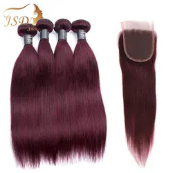 JSDShine бразильские прямые волосы пучки с закрытием 99J бордовый цвет человеческие волосы пучки с закрытием не Реми волосы плетение