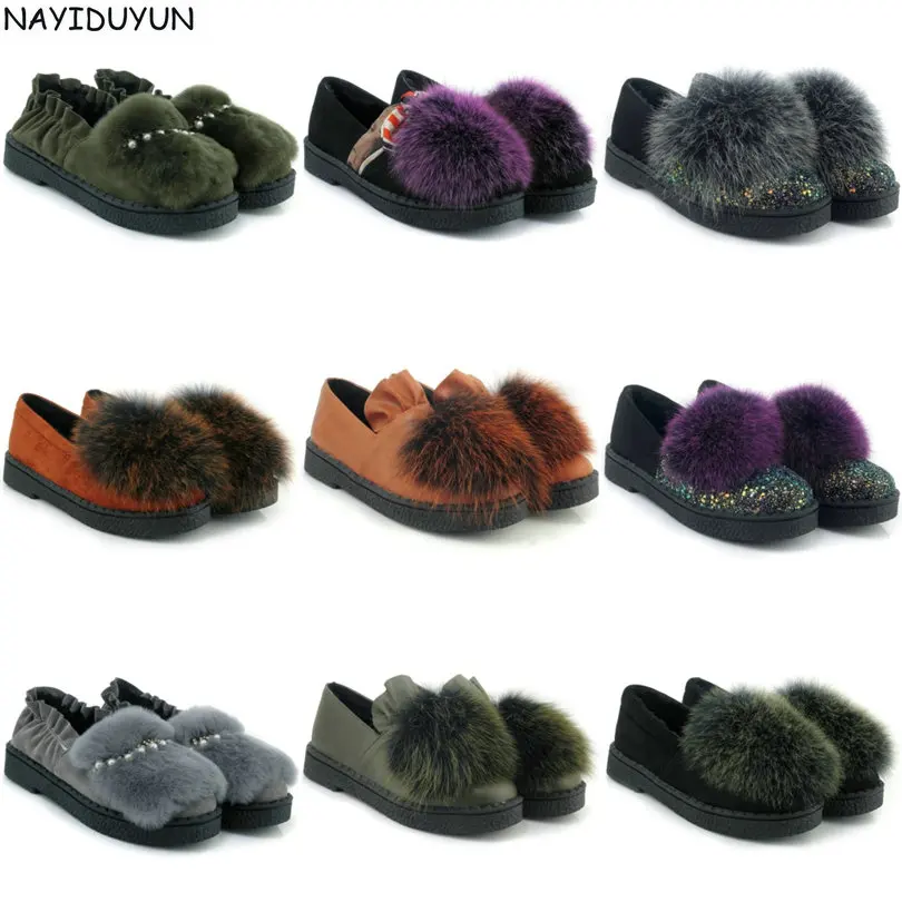 

NAYIDUYUN Big Faux Fur Women Slip On Low Heel School Pumps Shoes Round Toe Platform Punk Oxfords Casual Winter Party Shoes
