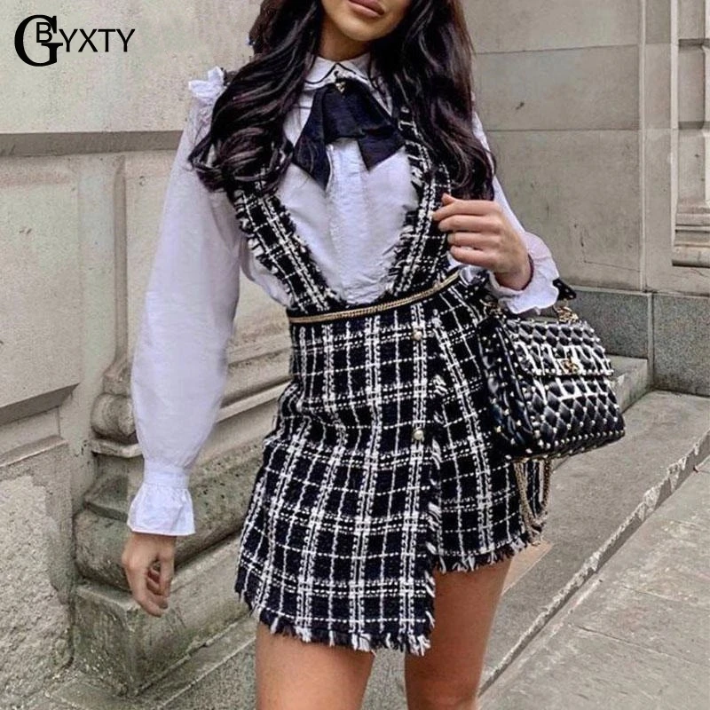 

GBYXTY Ladies Elegant Black White Plaid Overalls and Rompers Autumn Winter Women Strap Playsuit Femme Short Jumpsuit ZA1584
