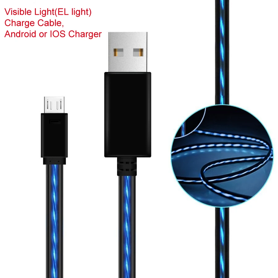 

new EL Light LED Charging Cords USB 2.0 A Male to Micro B Cable USB Cable Visible Flowing Sync Data wire for android & IOS phone