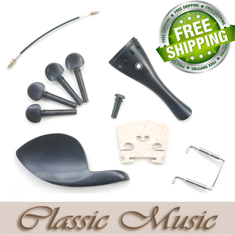 

High Quality Ebony Violin Parts (4/4), Including Chinrest, Tailpiece, Endpin, Bridge, Pegs, Chinrest Clamp & Tail Gut