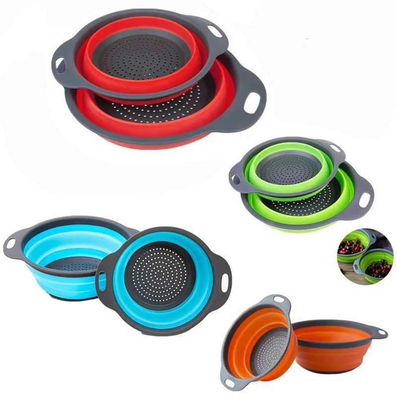 

2pcs/set Foldable Silicone Colander Fruit Vegetable Washing Basket Storage Strainer Collapsible Drainer With Handle