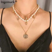 Ingemark Multilayer Pérola Shell Colar Gargantilha Collar Boho Verão Doce Esculpir Retrato Coin Pingente de Cadeia Longa Colar 2019(China)