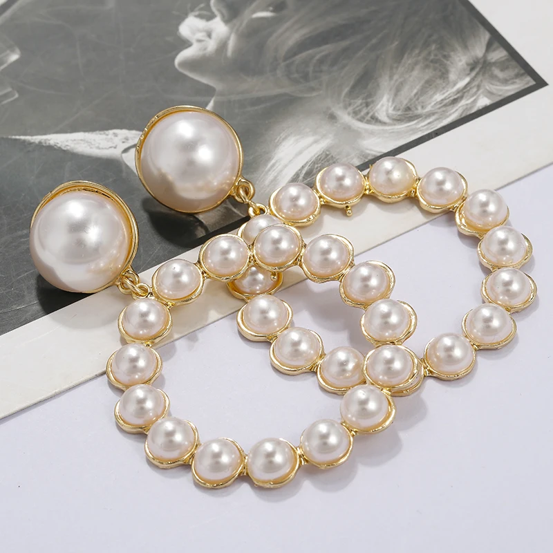 

AENSOA Simple Gold Color Round Pearl Drop Earrings For Women Trendy Imitation Circle Pendant Big Dangle Earring Jewelry 2019