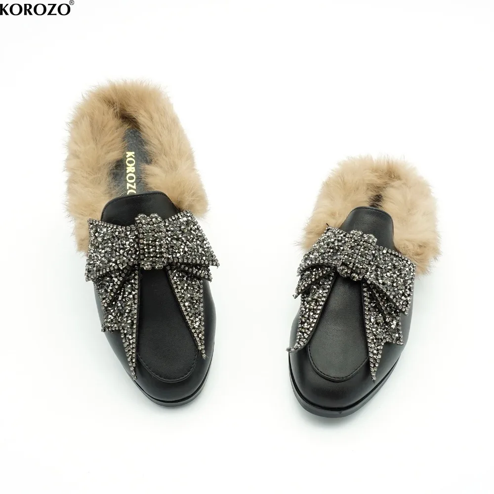 Women Designer Bow Rhinestone Fur Slipper Natural Rabbit Furry Crystal ...