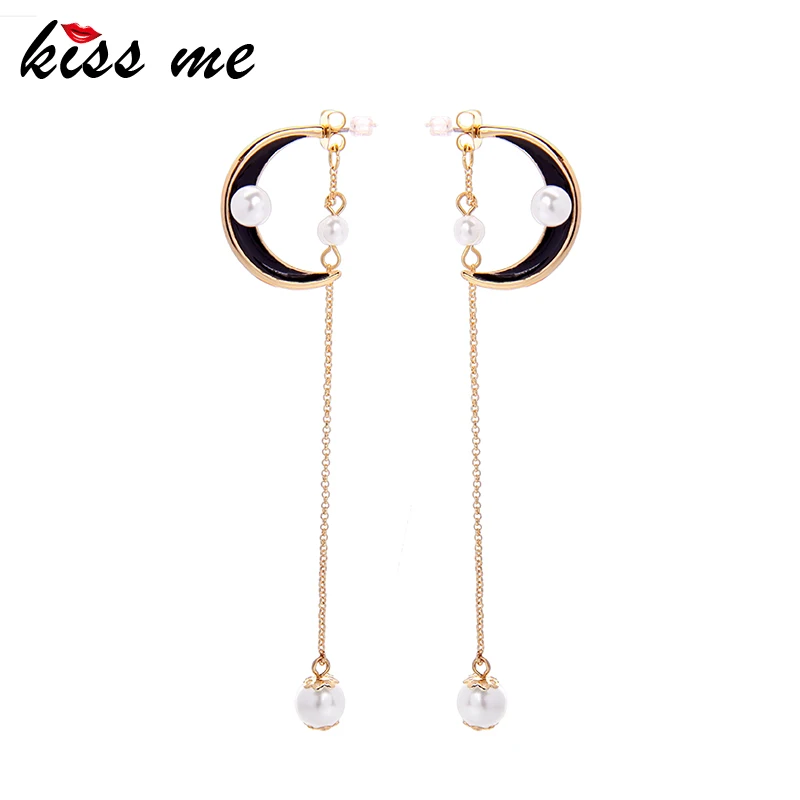 KISS ME Long Chain Acrylic Pearl Black&ampBlue Enamel Moon Drop Earrings For Women Gold Color Dangle Fashion Accessories | Украшения и