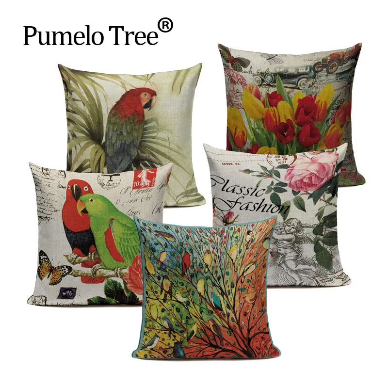 

Cushion Cover Birds American countryside Style colorful Cute Parrot Flower Color rendering Decorative Pillows Cover for Sofa