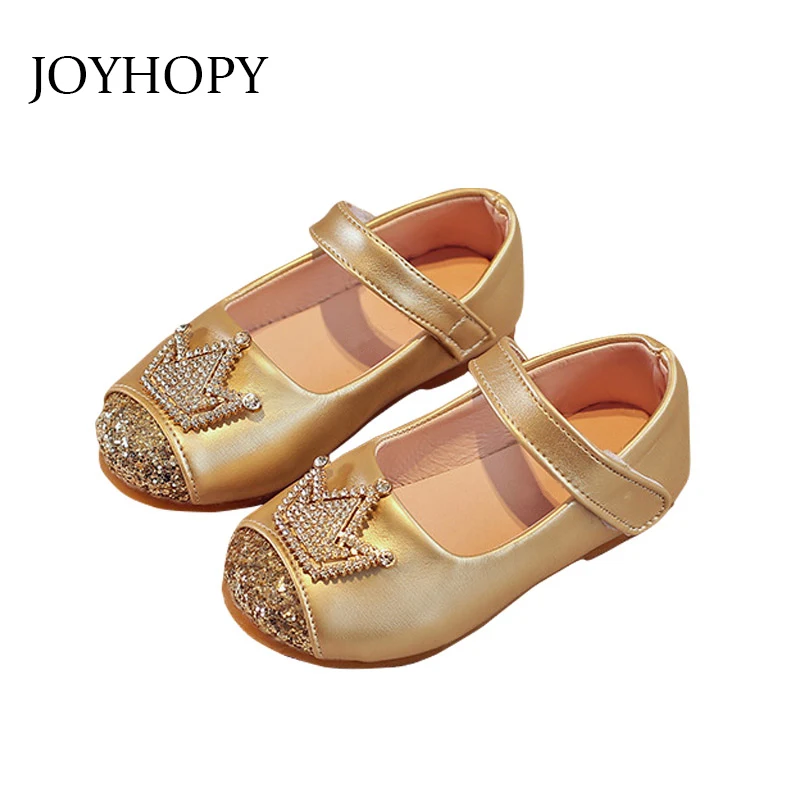 Spring Kids princess Leather Shoes For Girls Children Girl Wedding Shoe Gold Black Crown Sequins Baby Girls Footwear