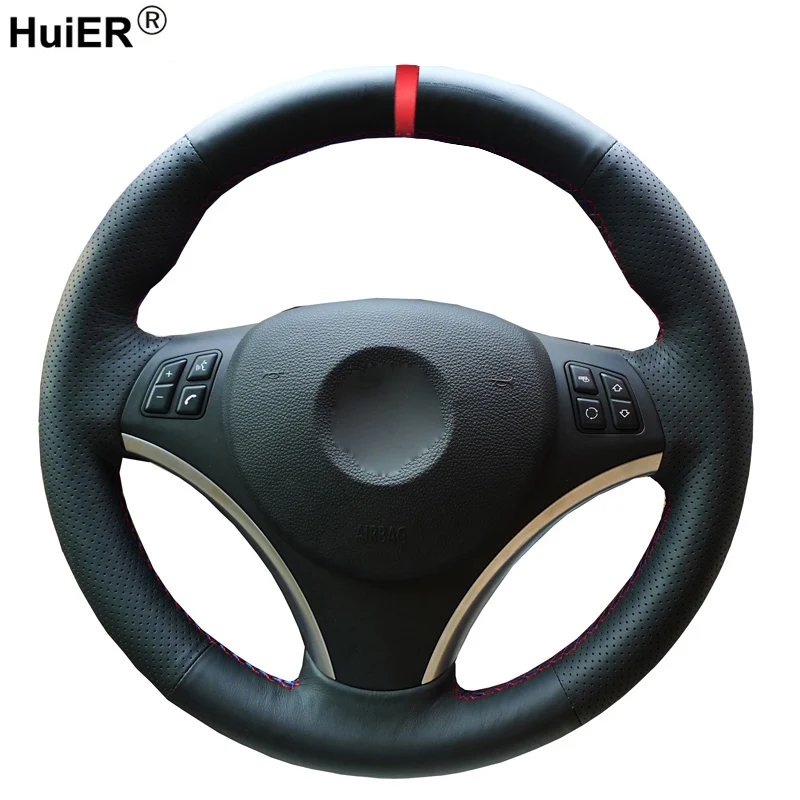 HuiER Hand Sewing Car Steering Wheel Cover Red Marker For BMW E90 320i 325i 330i 335i E87 120i 130i 120d Comfortable Car Styling