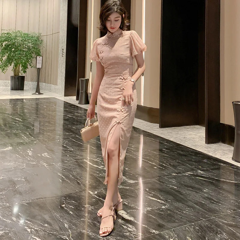 Летние винтажные платья Cheongsam, офисный Женский Бандаж, Сплит, Сексуальные вечерние платья, стоячий воротник, короткие пышные рукава, высококачественное женское платье - Цвет: Розовый