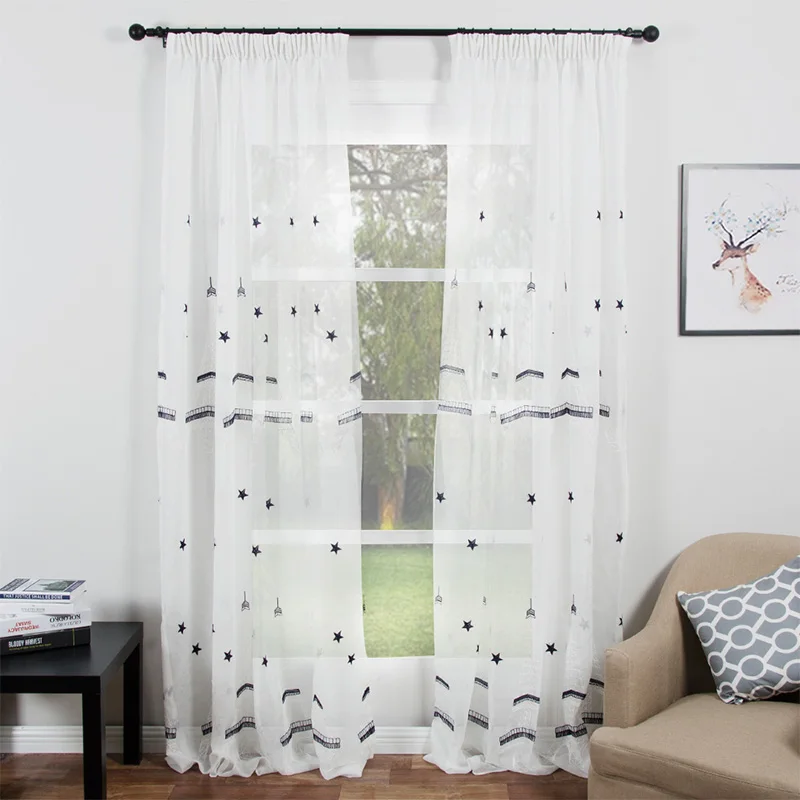 

Topfinel Eiffel Tower & Star Embroidered White Sheer Curtains Window Tulle Curtains for Living Room Bedroom Yarn Curtains Drapes