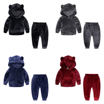 

2020 Autumn Winter Baby Girls Boys Clothing Sets Kids Casual Hooded Thicken Velvet Tops Children's Sports Suit Clothes