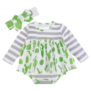 

Fashion Cactus Stripe 2pcs Baby Clothing Set Stitching Romper Headband Suit