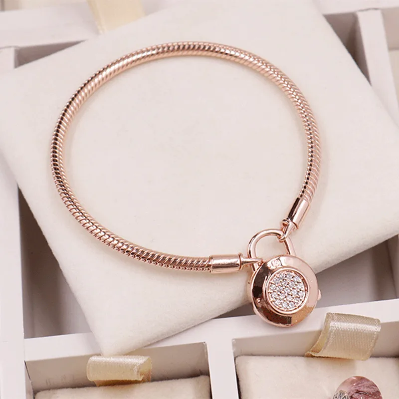 

NEW! Perfect Charm Engraved silver chain 925 pulsera pandoras bracelet shine Smooth bangle Rose women, Signature Padlock, 1pz