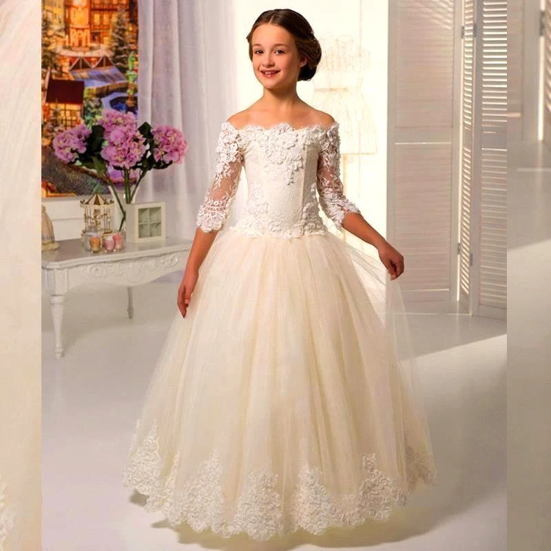 blaas gat Plateau dorp Nieuwe bruidsjurken kids meisjes de schouder bloem meisje jurken wit tulle  lace 3/4 mouwen floor lengte bloemenmeisje jurk|dress french|dress  minniedress multiply - AliExpress