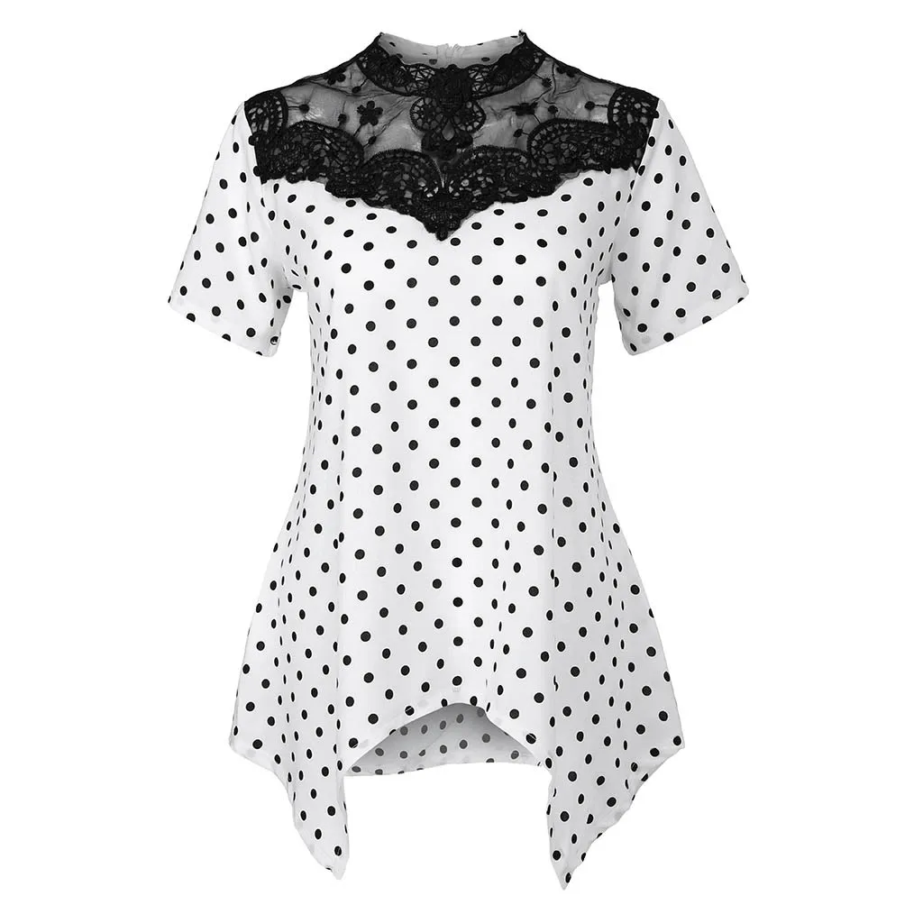 

t-shirts women's large size Fashion Women Polka Dot Printed women tops 2019 summer Lace Short Sleeve O-Neck Tops haut femme#G8