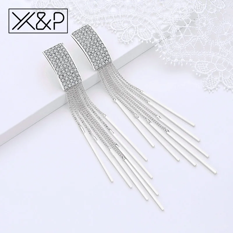 

X&P Fashion Brand Long Geometric Tassel Crystal Drop Earrings for Women Girl Party Wedding Gold Silver Zircon Earring Jewelry