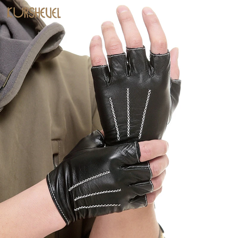 Half Finger Real Goatskin Leather Gloves Men and Women 3 Ribs Black Red