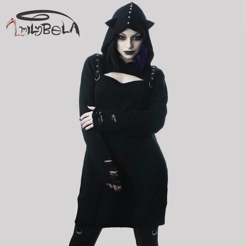 

ImilyBela Gothic Long Sleeve Mini Dress Black Hollow Out Hooded Knitted Dress Broken Hole Sexy Punk Style Autumn Vestidos Rivet
