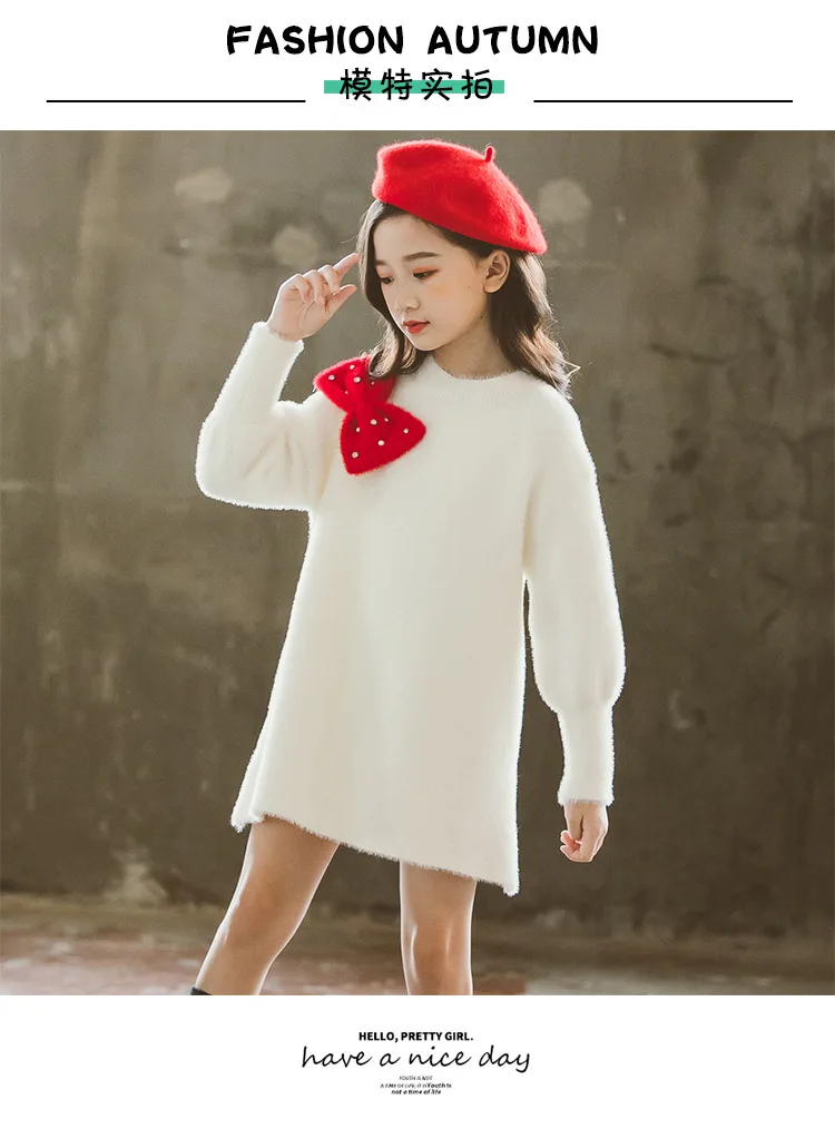 Одежда для девочек, зимние свитера с бантом для девочек, белый и красный цвета,, 12 лет, pull fille hiver