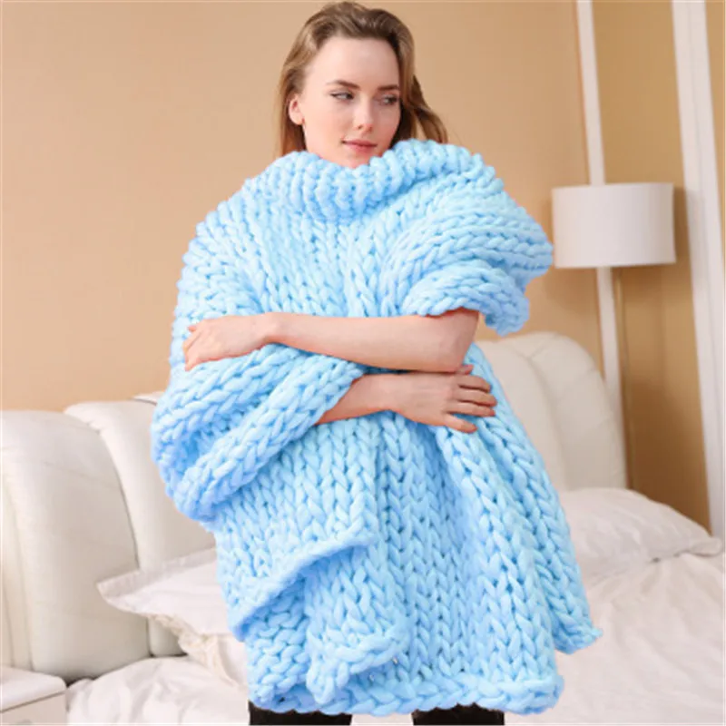 Северное Европейское плотное шерстяное одеяло диван мягкий ручной тканый чистый цвет реквизит для фотосъемки украшение для взрослых 13 цветов домашний текстиль - Цвет: Небесно-голубой