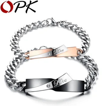

OPK 1 Pair Lovers' Chain Link Bracelets Romantic Black/Gold Color Love Stainless Steel + Cubic Zirconia Women Men Jewelry GS702