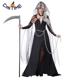 Для женщин Grim Reaper костюм Смерть Призрак Демон темно-Witch Необычные платья Черный халат платье с сеткой накидка страшные костюмы на Хэллоуин