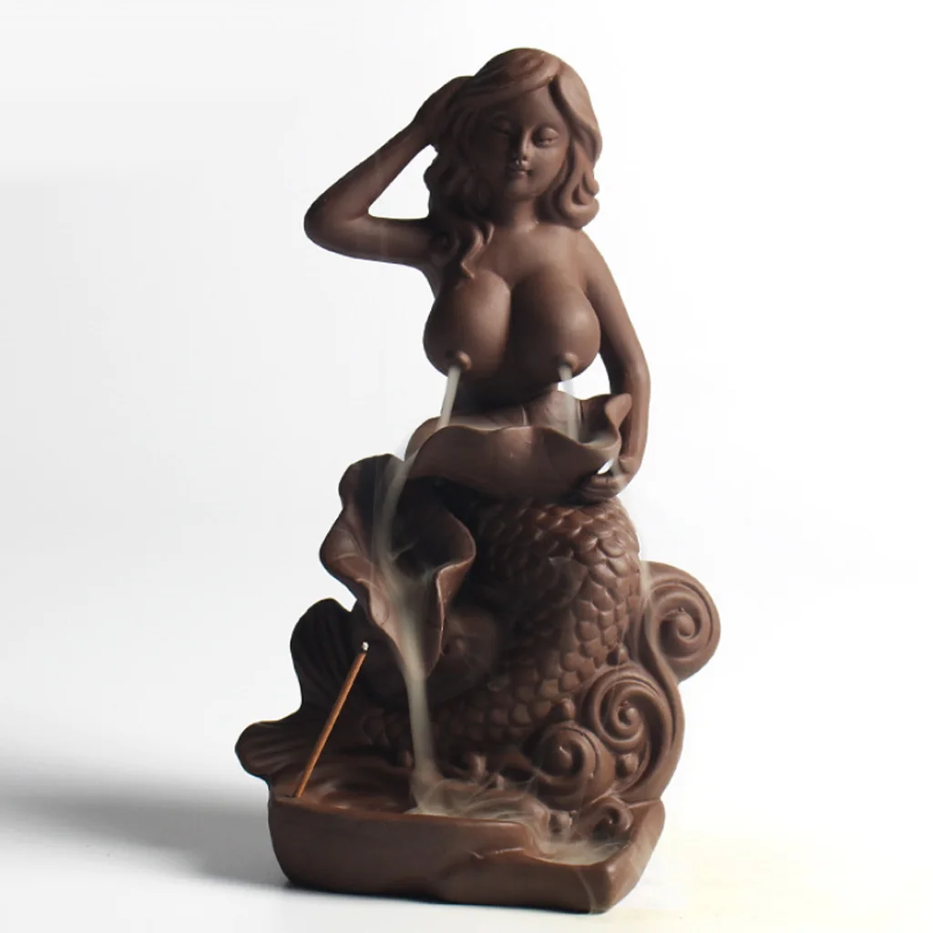 Ceramic Brown Mermaid Incense Burner Statue Burner Figurine Statue Home Decor Tea House Bedroom Table Decoration Great as Gift 