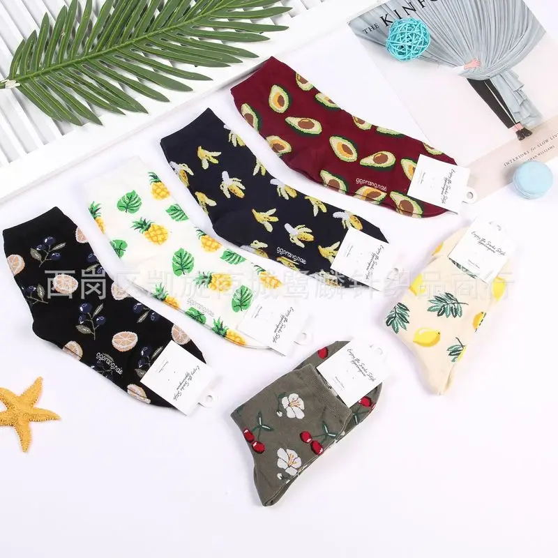 Носки с рисунком фруктов, апельсины, черники, ананас, авокадо, манго, банан, вишня, милые забавные женские мягкие удобные дышащие носки