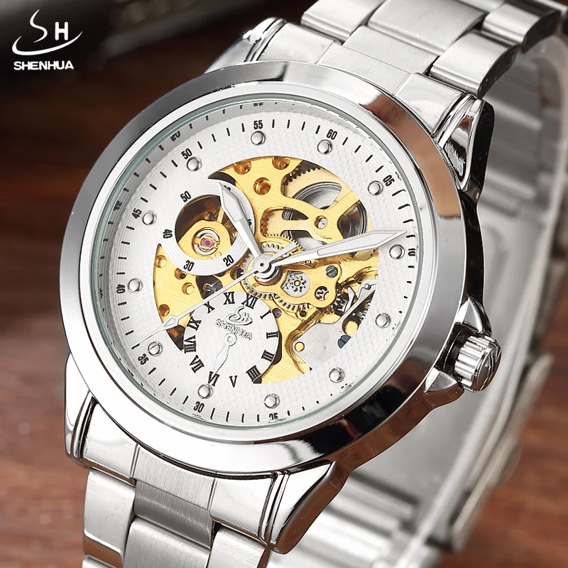 Роскошные серебристые, золотые, белые механические Автоматические наручные часы, мужские часы с цифрами в римском стиле из нержавеющей стали, мужские часы с скелетонным циферблатом, подарок времени