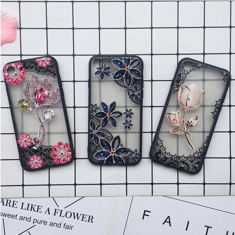 

Lace Flower Case For iphone XS X XS MAX XR Vintage 3D Diamond Relief Floral Cover For iphone 8 7 6 6s Plus Clear PC Girly Cover