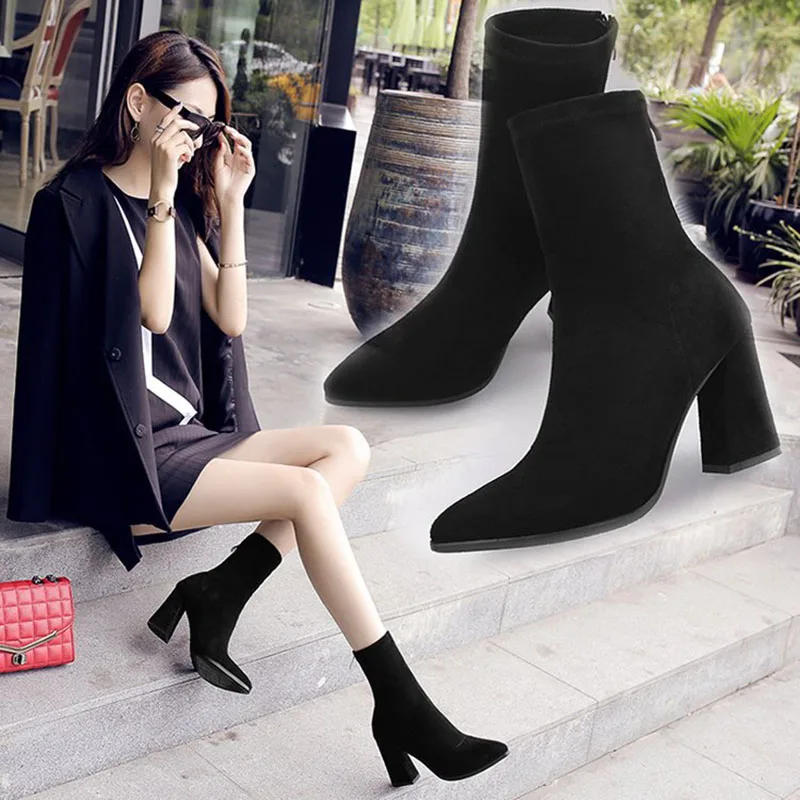 SEGGNICE Women Sock Boots High Heel Ankle Boots Stretch Comfortable
Spring Autumn Shoes