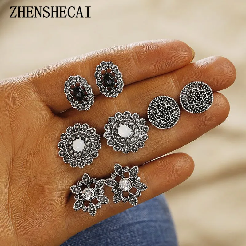 

4 Pairs / Set Bohemian Jewelry fashion Earrings Set Ancient silver color Female Geometric hollow metal Earrings for women