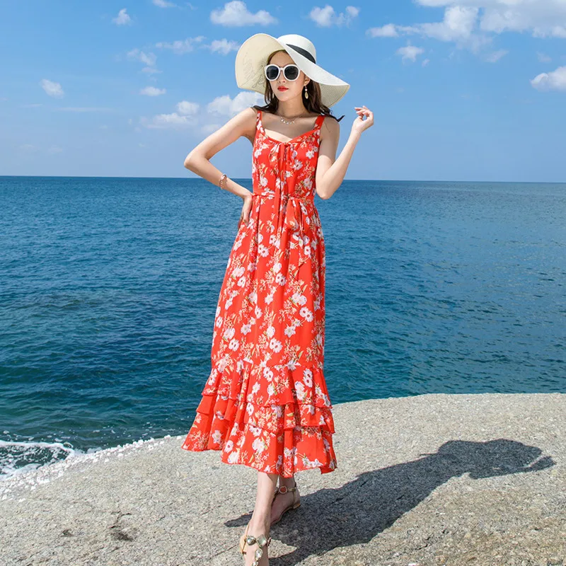 Summer Women Beach Chiffon Dress Sleeveless High Waist Round Neck Woman ...