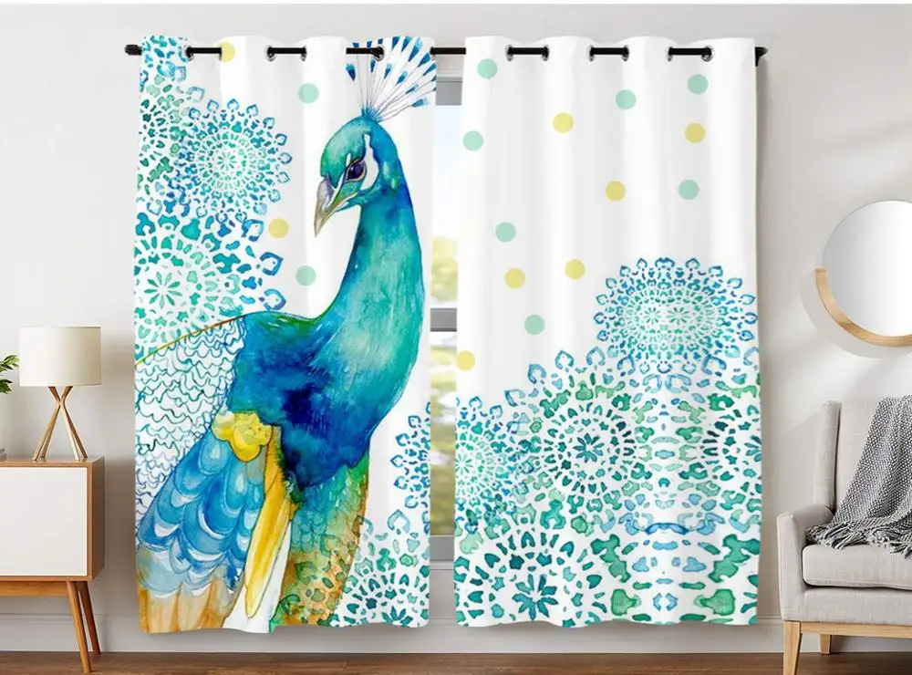 

Blackout Curtains Darkening 2 Panels Grommet Window Curtain for Bedroom Watercolor Peacock Feather Pattern
