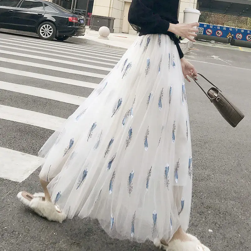 

Harajuku Long Skirts Womens Elegant Maxi Tulle Skirts Jupe Femme Spring Summer High Waist Pleated Skirt Streetwear Faldas Q1242