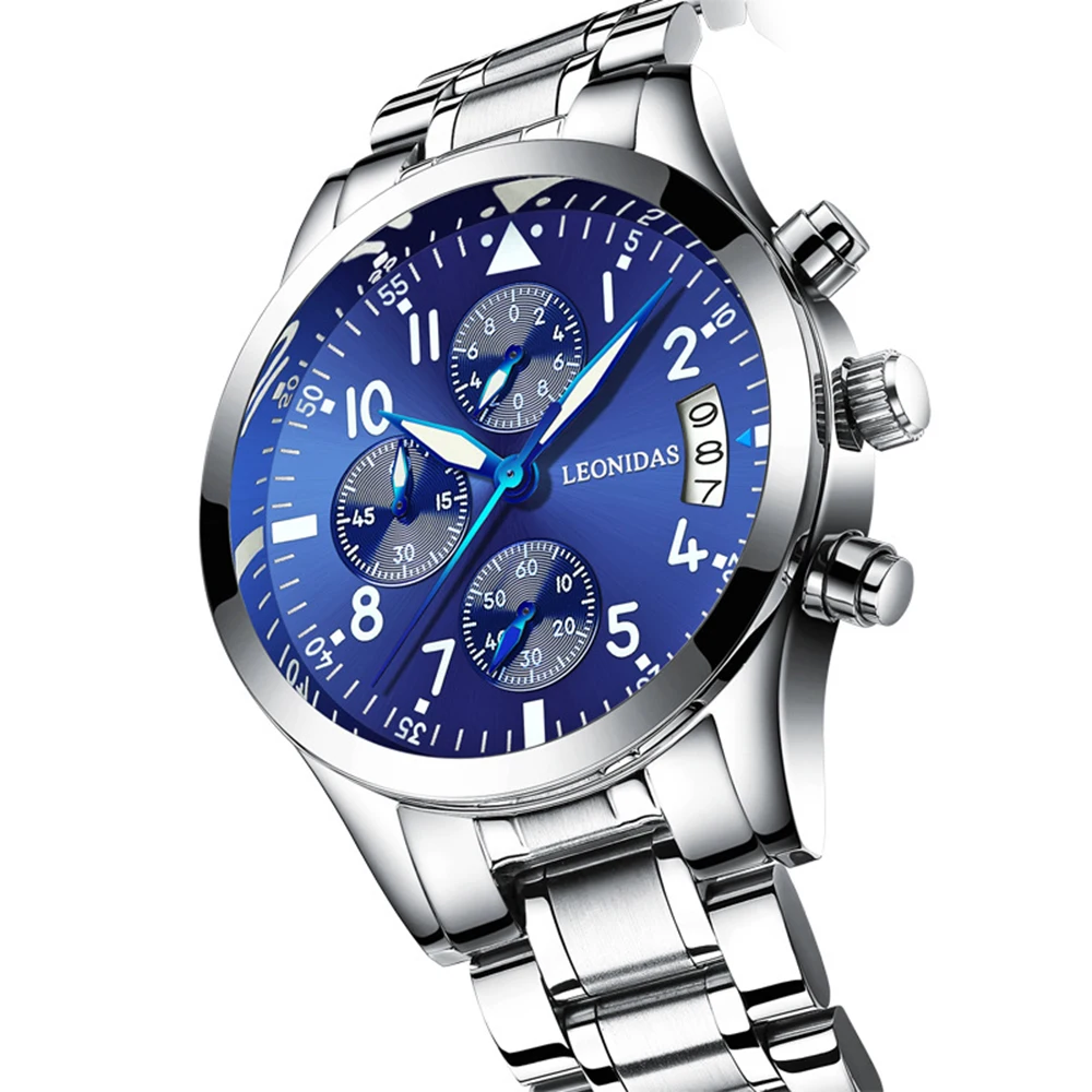 

Multifunction Sport Clock Men's Quartz Wrist Watch Military Watch For Men Full Stainless Steel Men Watch Blue Relogio masculino