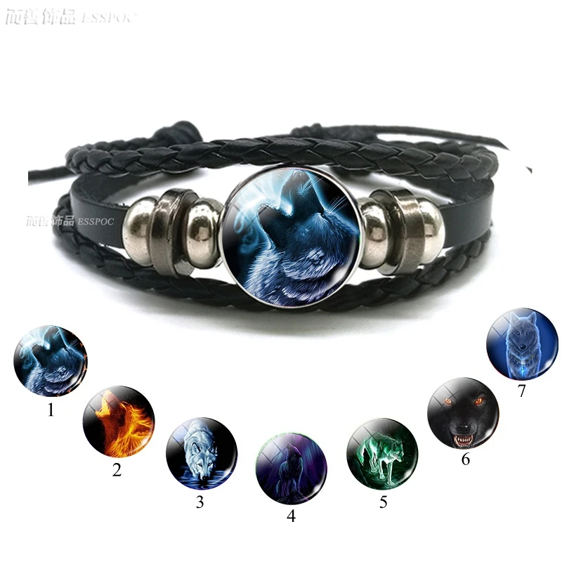 

Wolf Head Glass Cabochon Button Men Fashion Multilayer Leather Bracelet Wolf Moon Jewelry