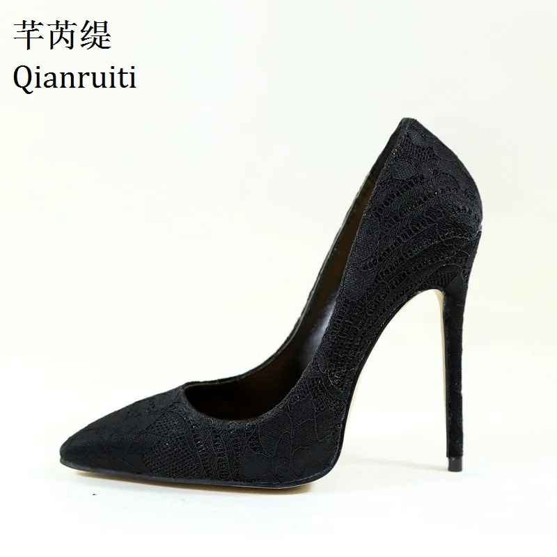 

Qianruiti Black Lace 12CM High Heels Women Shoes Night Club Style Thin High Shoes Sexy Pointed Toe Women Pumps Size 35-42