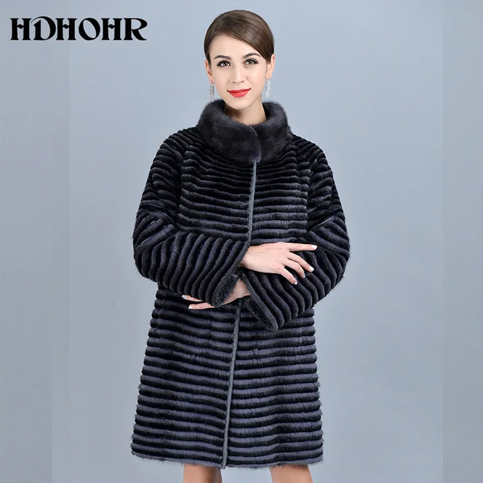 HDHOHR, высокое качество, вязанные норковые шубы, модная Натуральная норковая куртка, Двусторонняя одежда, зимняя женская теплая шуба из натурального меха - Цвет: Серебристый