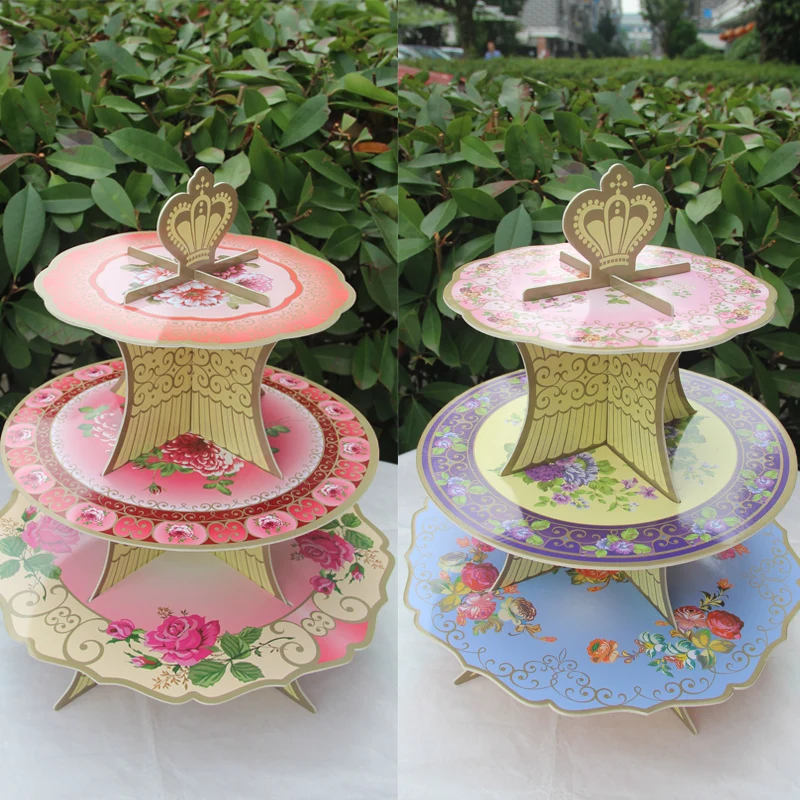 Two sided Pattern Three Layers Round Paper Cake Rack Vintage Flowers