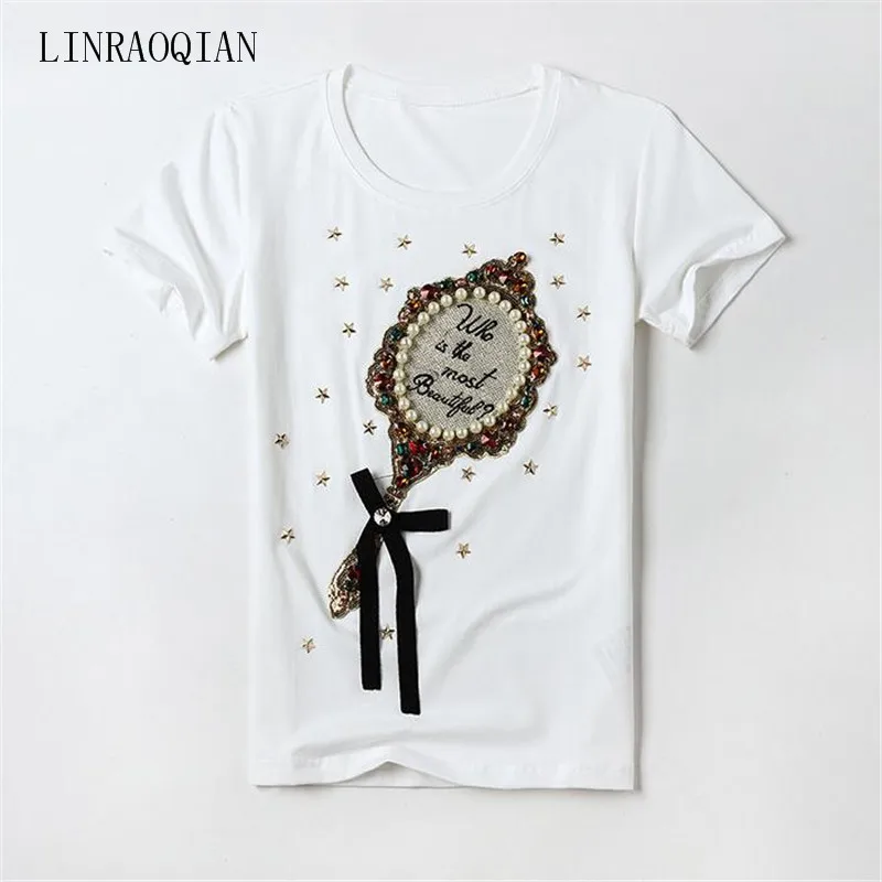 

Fashion T Shirt Women 2018 New Short Sleeve Summer Top Mirror Printed Beading Design Female T-shirt High Quality Tshirt Tees