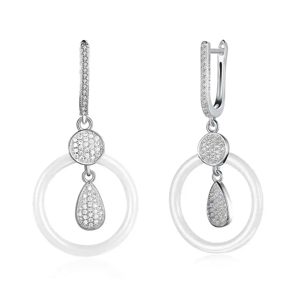 

New Women Genuine 925 Sterling Silver Drop Earrings White Round Ceramic with Water Drop Inlay Earring Gift (EA101946)
