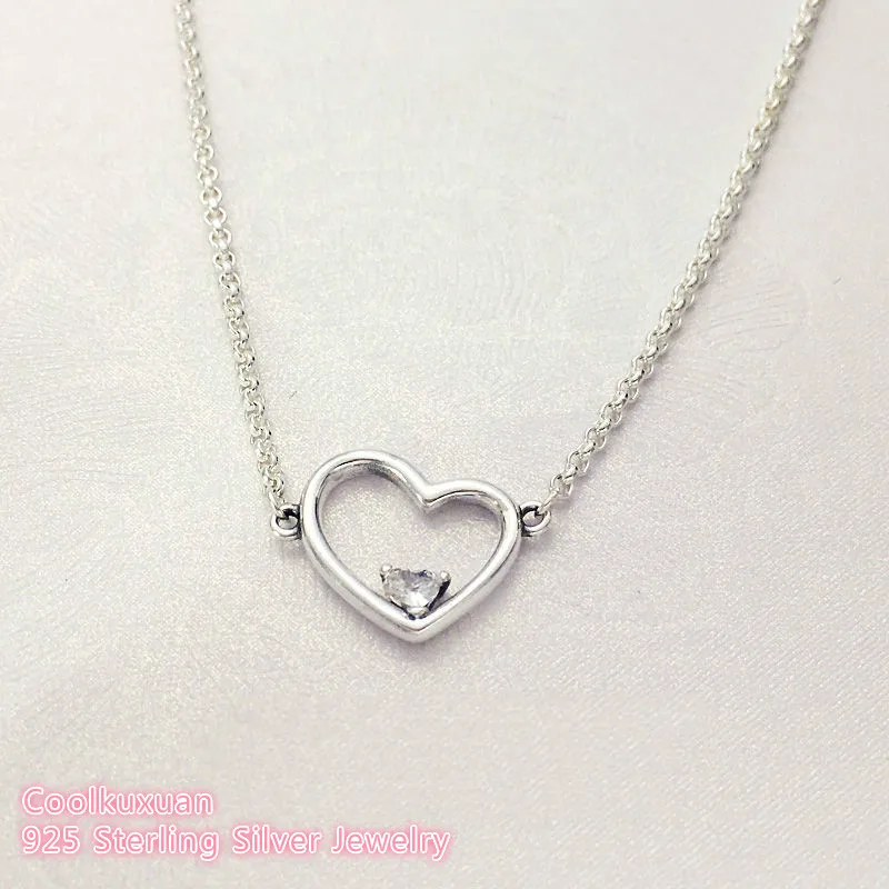 

Valentine's Day 100% Original 925 Sterling Silver Asymmetric Heart of Love Necklace, Clear CZ For Women Jewelry