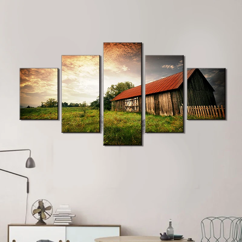 

Painting on Canvas Old Wooden Bar with Red Roof Over the Sunset Artwork Home Decoration 5 PCS Modern for Living room Wall Decor