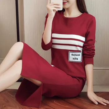 

A Knitting Sweaters Autumn New Long Sleeve Stripe Sweater Splicing Two-Piece Handbags Skirt Suits Clothing Set Knitwear O Neck