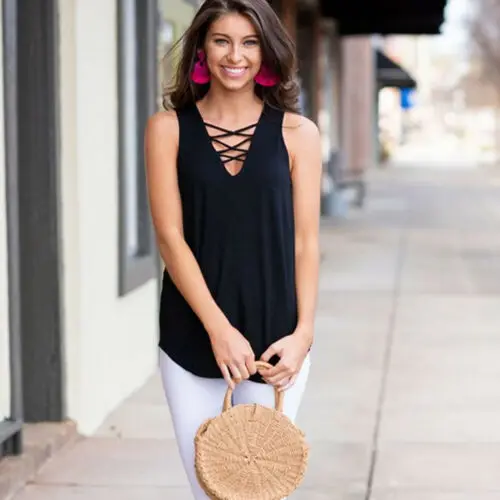 

2019 Women's Summer Vest Top BOHO Sleeveless Bandage Loose Casual Tank Tops T-Shirt
