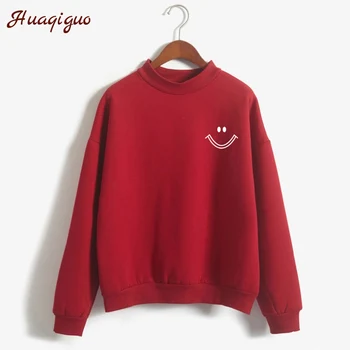 

New Candy-Colored Sweatshirt Women Autumn Winter Long-Sleeved Turtleneck Hoodies 2017 Fashion Smiley Face Print Pullover Moletom