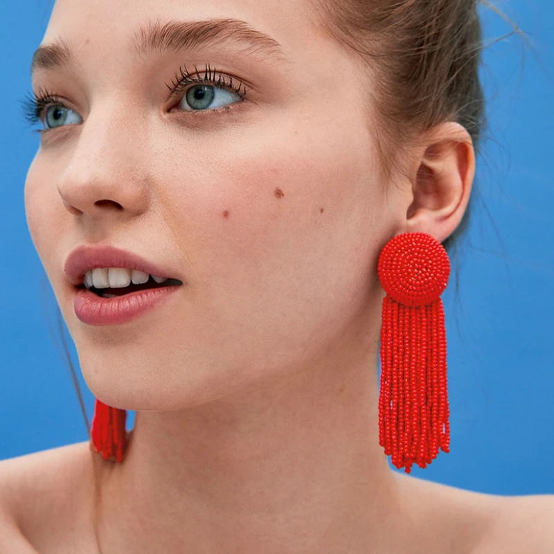 

7 Colors Statement Handmade Beaded Long Tassel Dangle Earrings for Party Fashion Multicolor Crystal Drop Earrings Women Jewelry